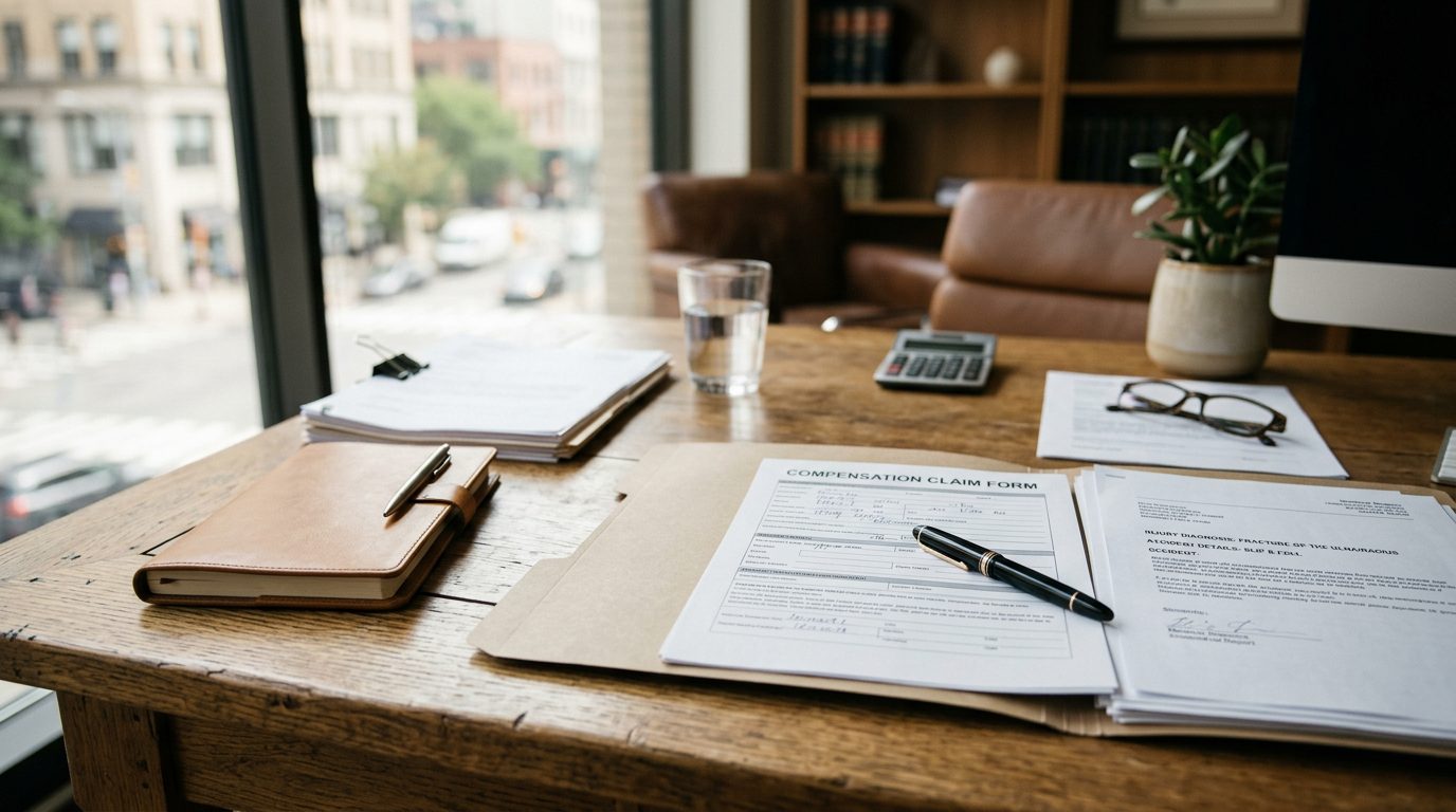 Legal documents and a calculator on a desk representing a broken arm compensation claim.