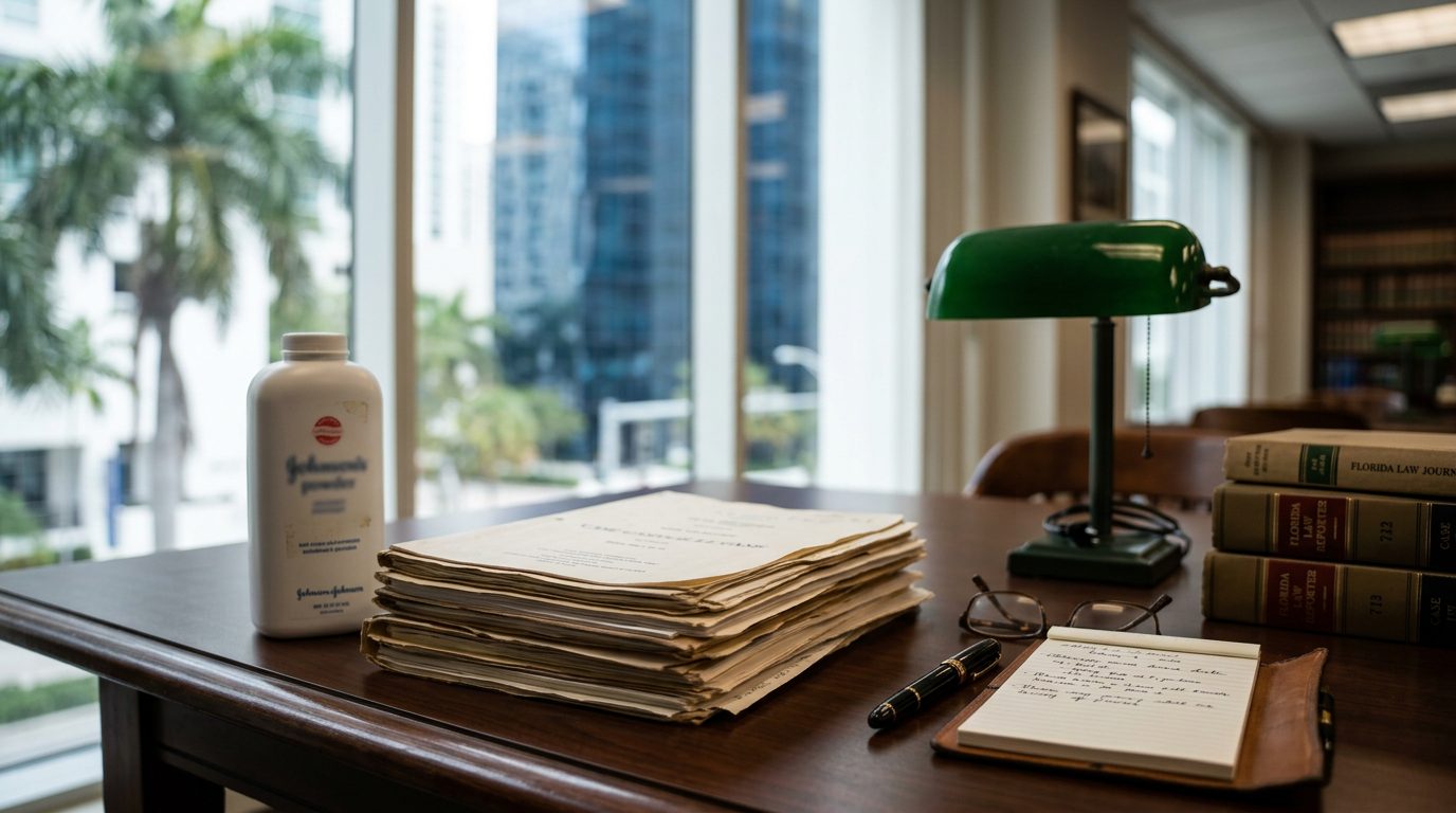 Documentos legales y un mazo sobre un escritorio de madera en una sala de tribunal de Florida.