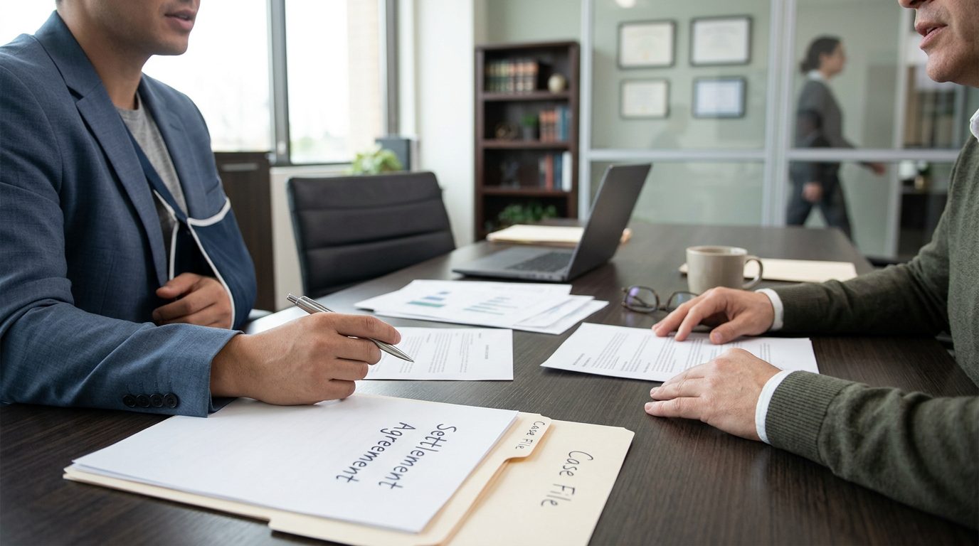 Legal documents and a pen on a desk representing a broken arm injury settlement.
