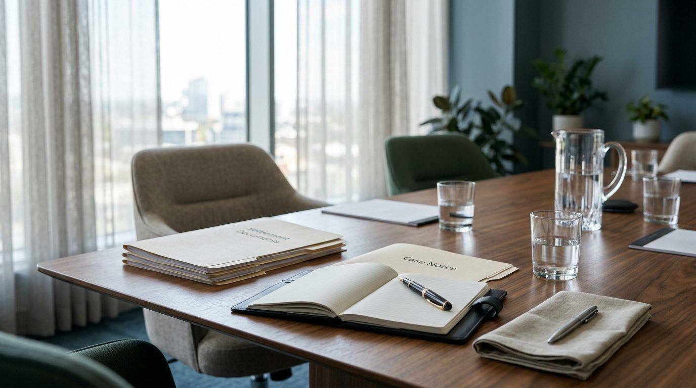 Legal office desk with a settlement document, pen, and calculator for a personal injury claim.