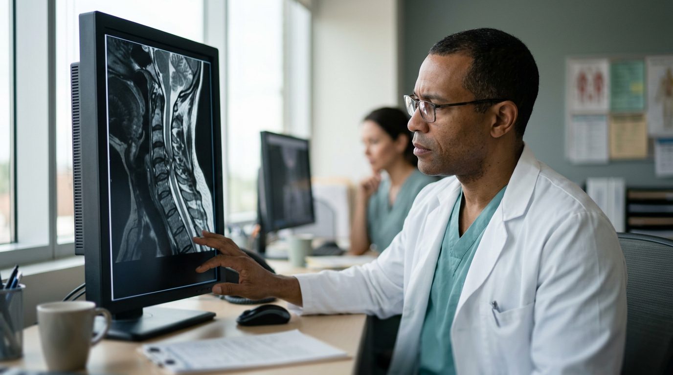 Neurosurgeon examining cervical spine MRI scan showing spinal cord injury.