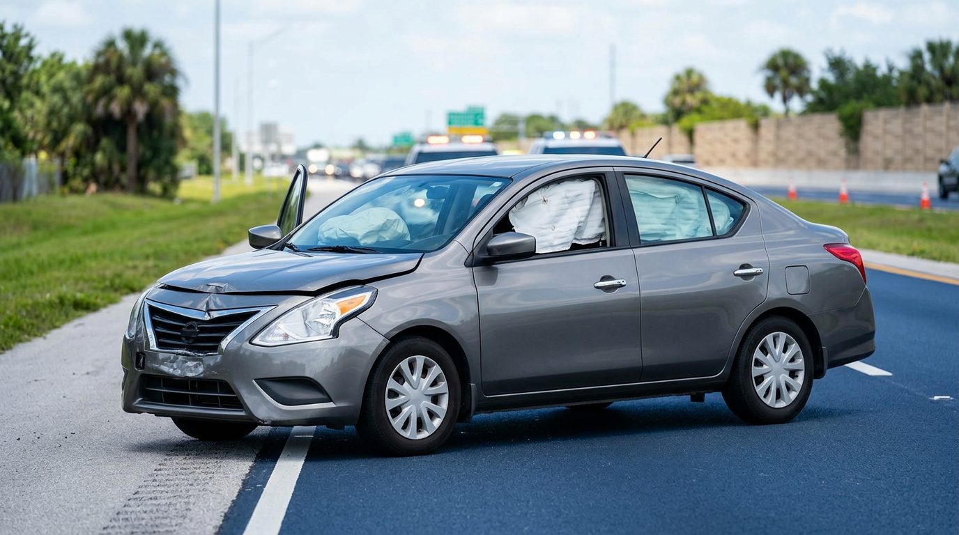 No-Injury Car Accident Settlement in Florida. a damaged passenger vehicle and deployed airbags after a serious car accident, photographed from a safe distance