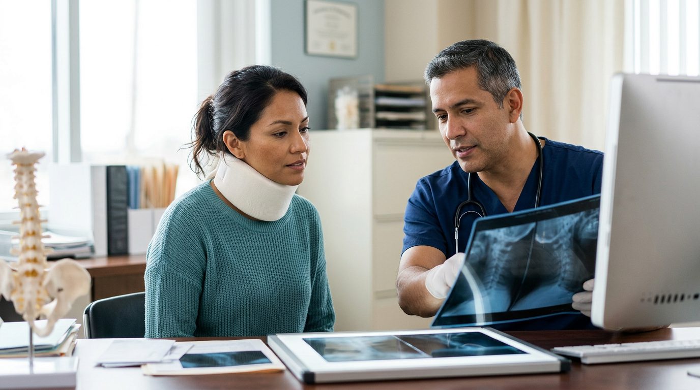 Paciente con collarín cervical revisa radiografías de columna con cirujano en consulta médica.