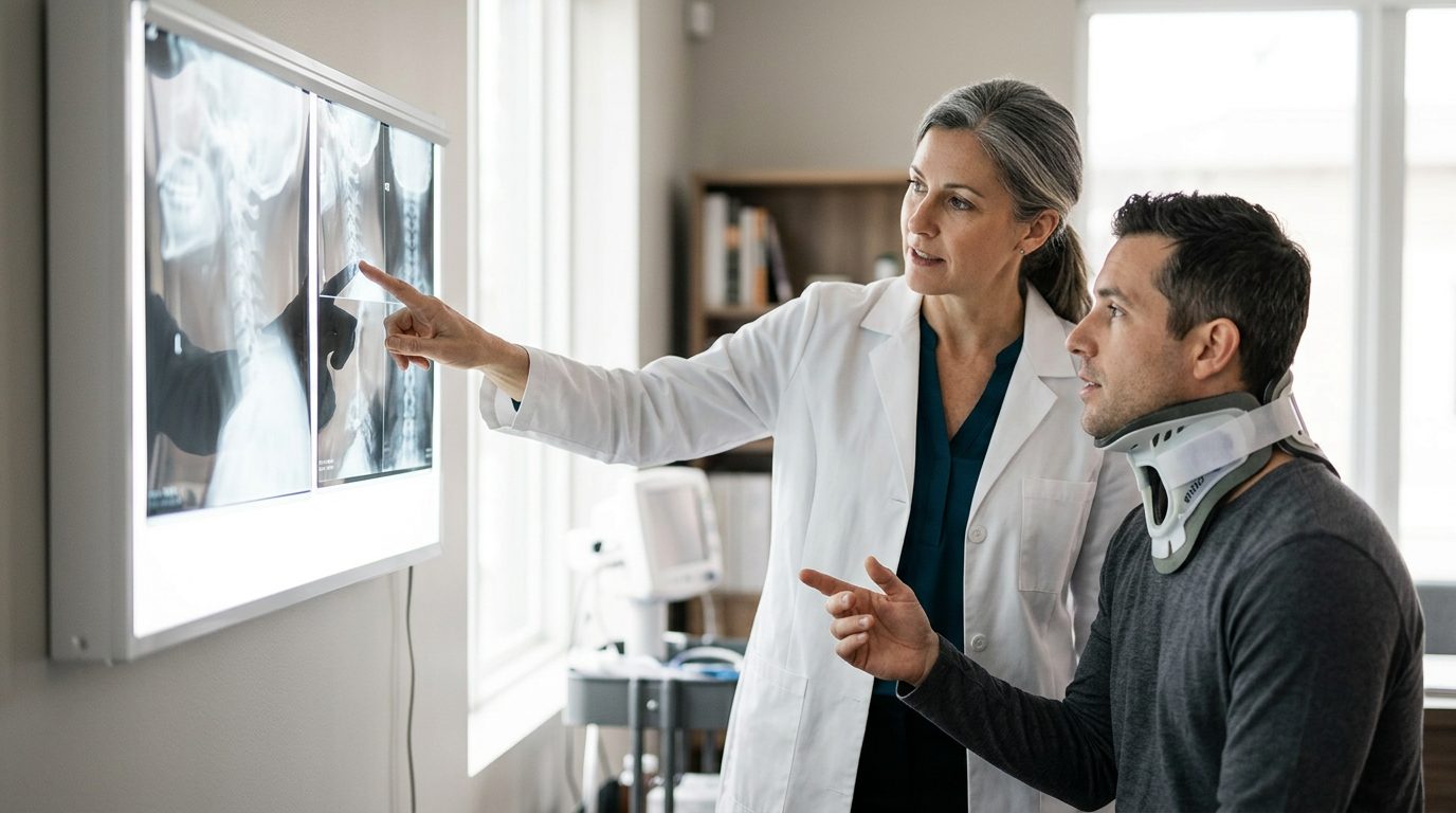 Patient in cervical collar discussing spine X-rays with spinal surgeon in consultation room.