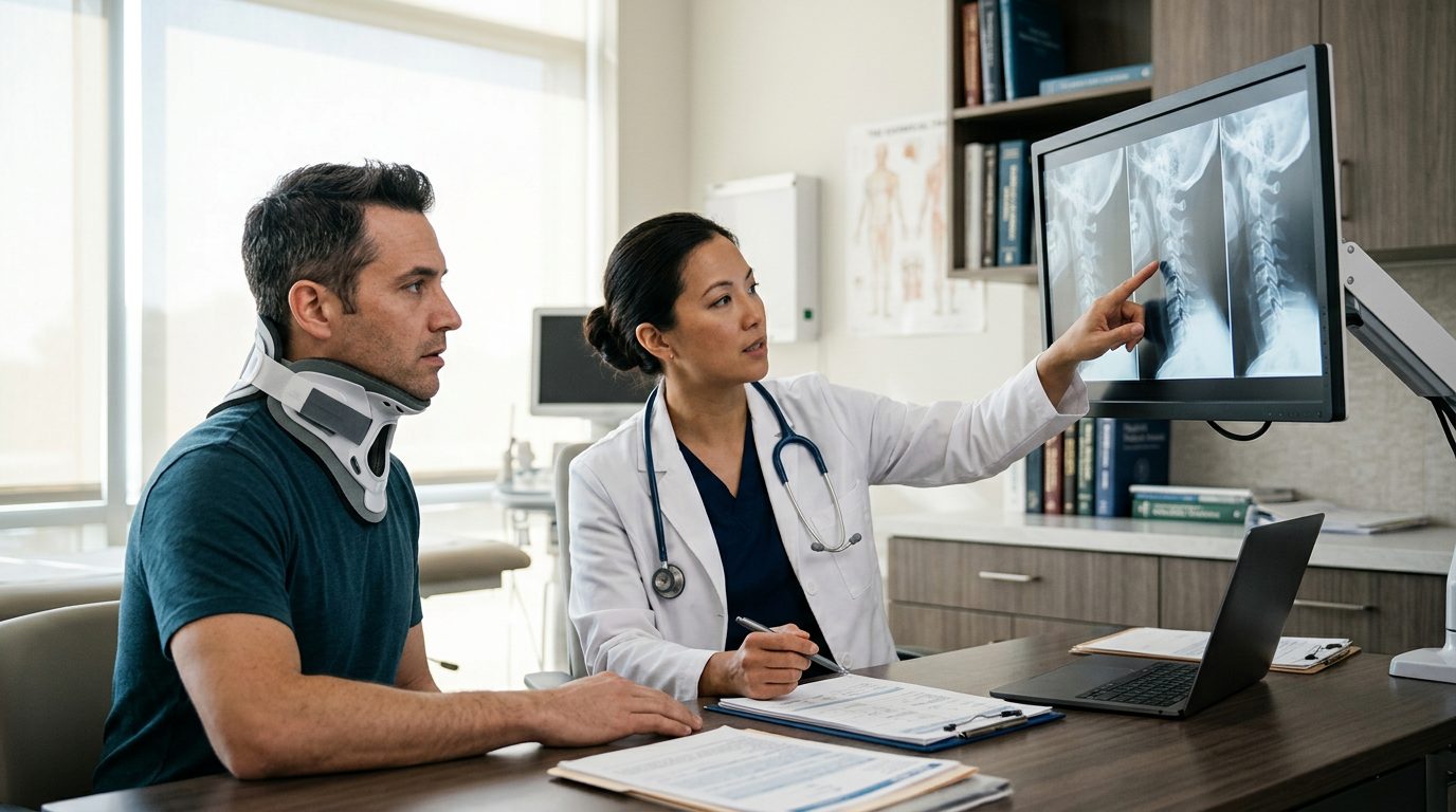 Patient in cervical collar discussing spine X-rays with spinal surgeon during consultation.