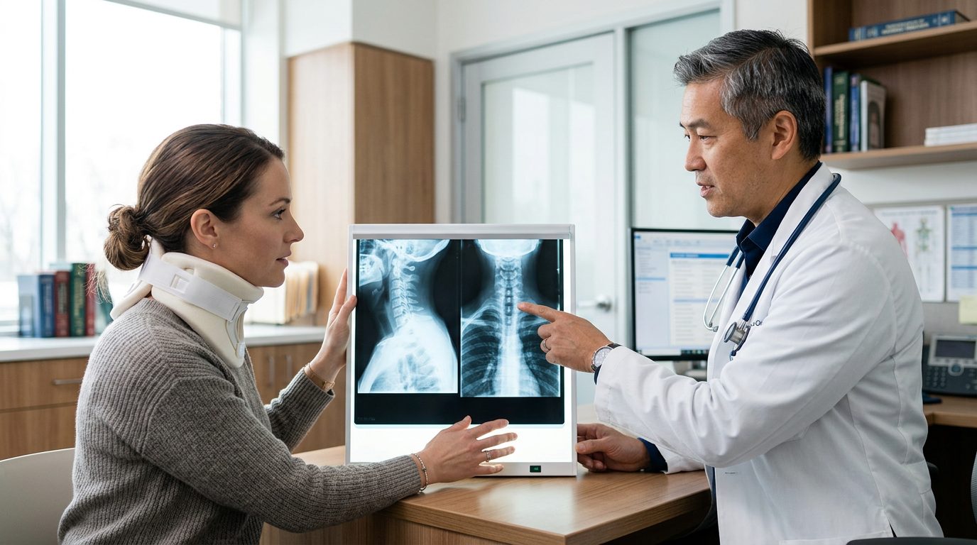 Patient in cervical collar discussing spine X-rays with spinal surgeon during consultation.