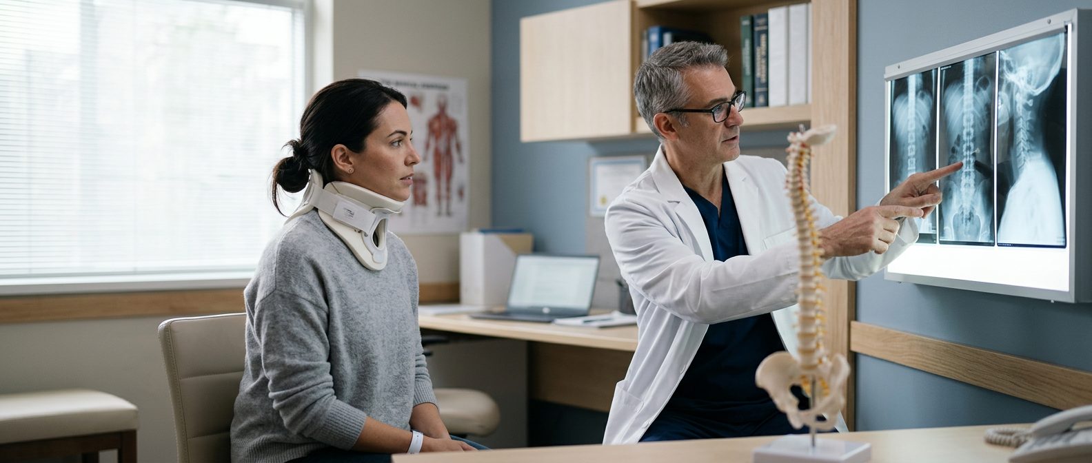 Patient in cervical collar reviewing spine X-rays with spinal surgeon during consultation.