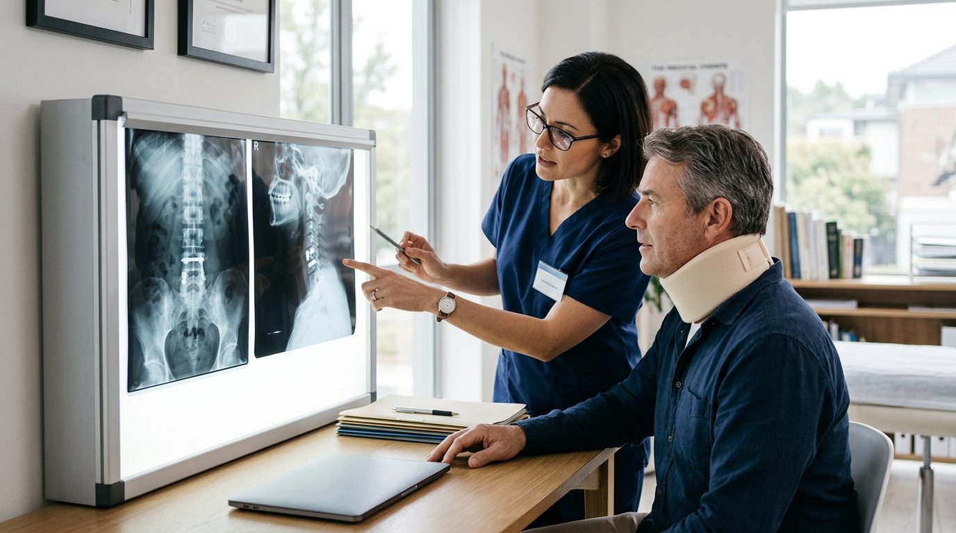 Patient in neck collar discussing spine X-rays with spinal surgeon during consultation.