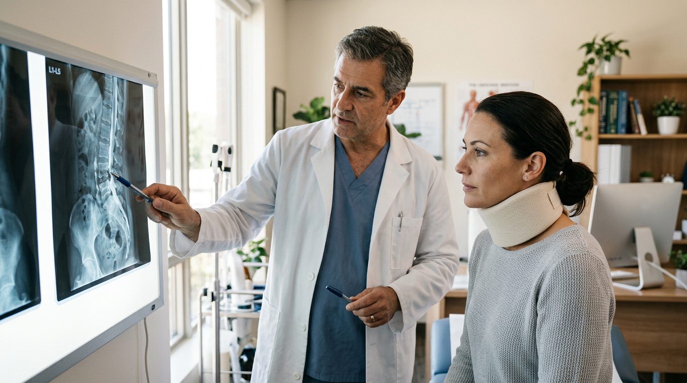 Patient in neck collar discussing spine X-rays with spinal surgeon during consultation.