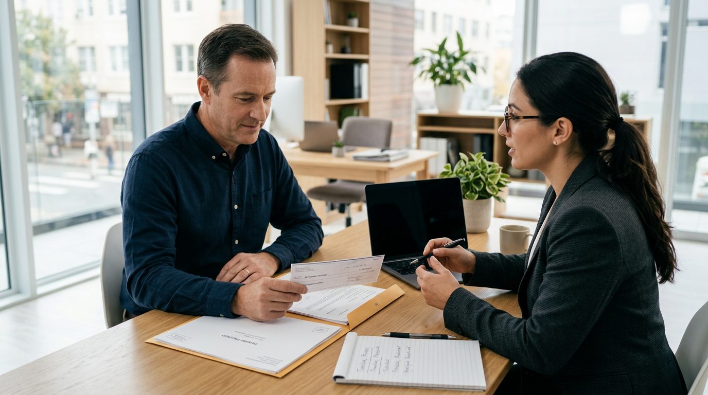 Person holding a check at a desk with calendar and documents showing payment timeline.