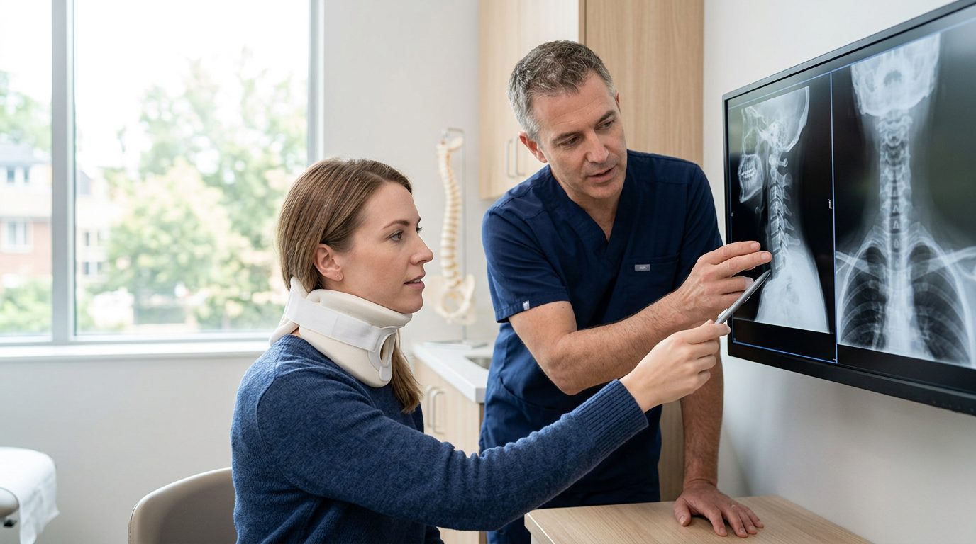 Person in cervical collar reviewing spine X-rays with a spinal surgeon during consultation.