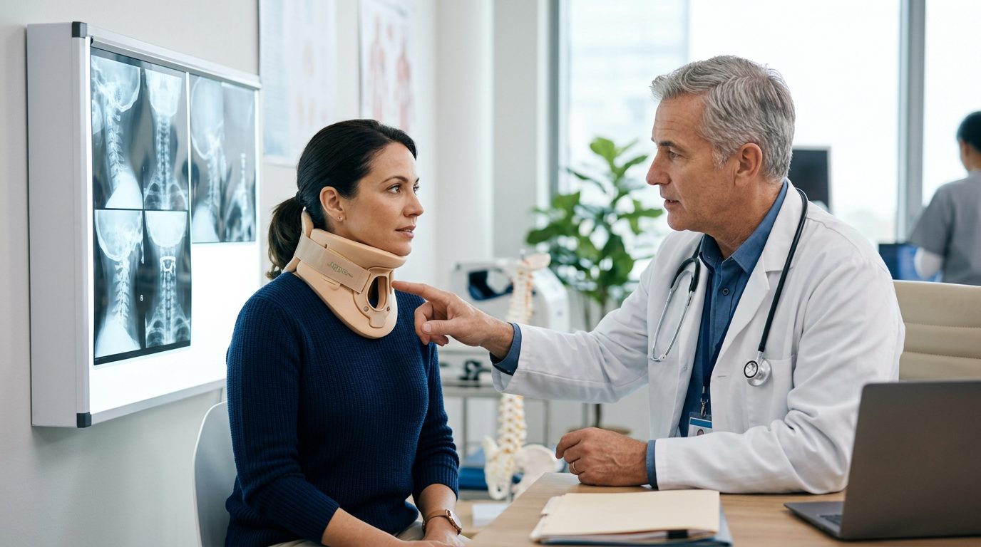 Person in cervical collar reviewing spine X-rays with a spinal surgeon.
