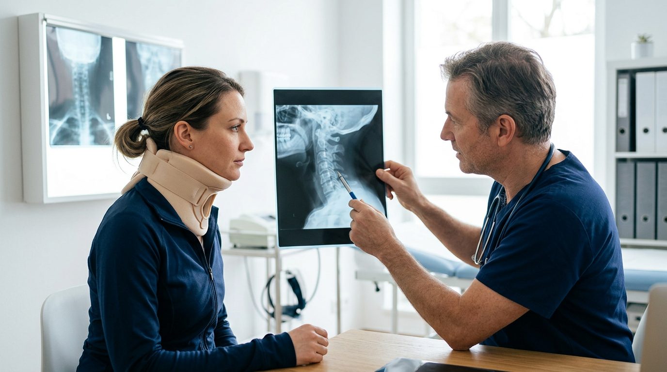 Person in cervical collar reviewing spine X-rays with spinal surgeon during consultation.