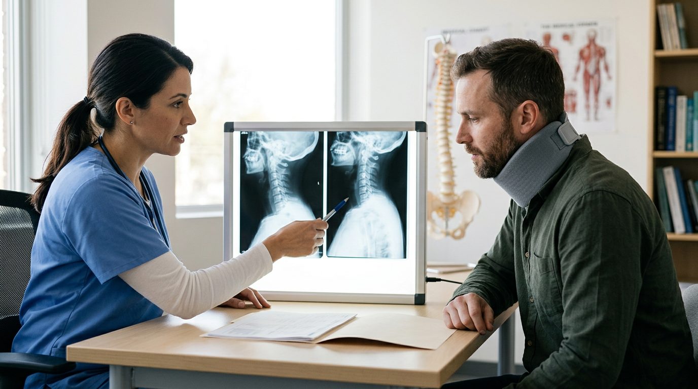 Person in neck brace reviewing spine X-rays with a spinal surgeon in consultation room.