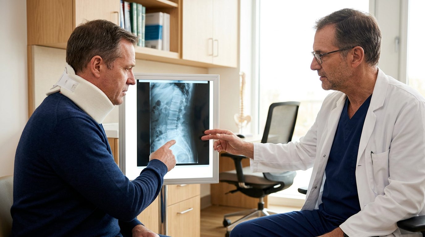 Person in neck collar discussing spine X-rays with a spinal surgeon in consultation room.