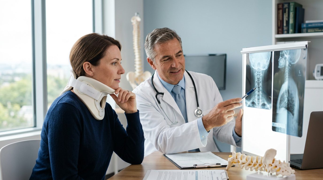 Person in neck collar reviewing spine X-rays with a spinal surgeon during consultation.
