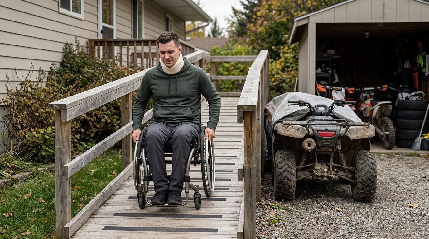 Person in wheelchair on accessible ramp near ATV equipment after crash.