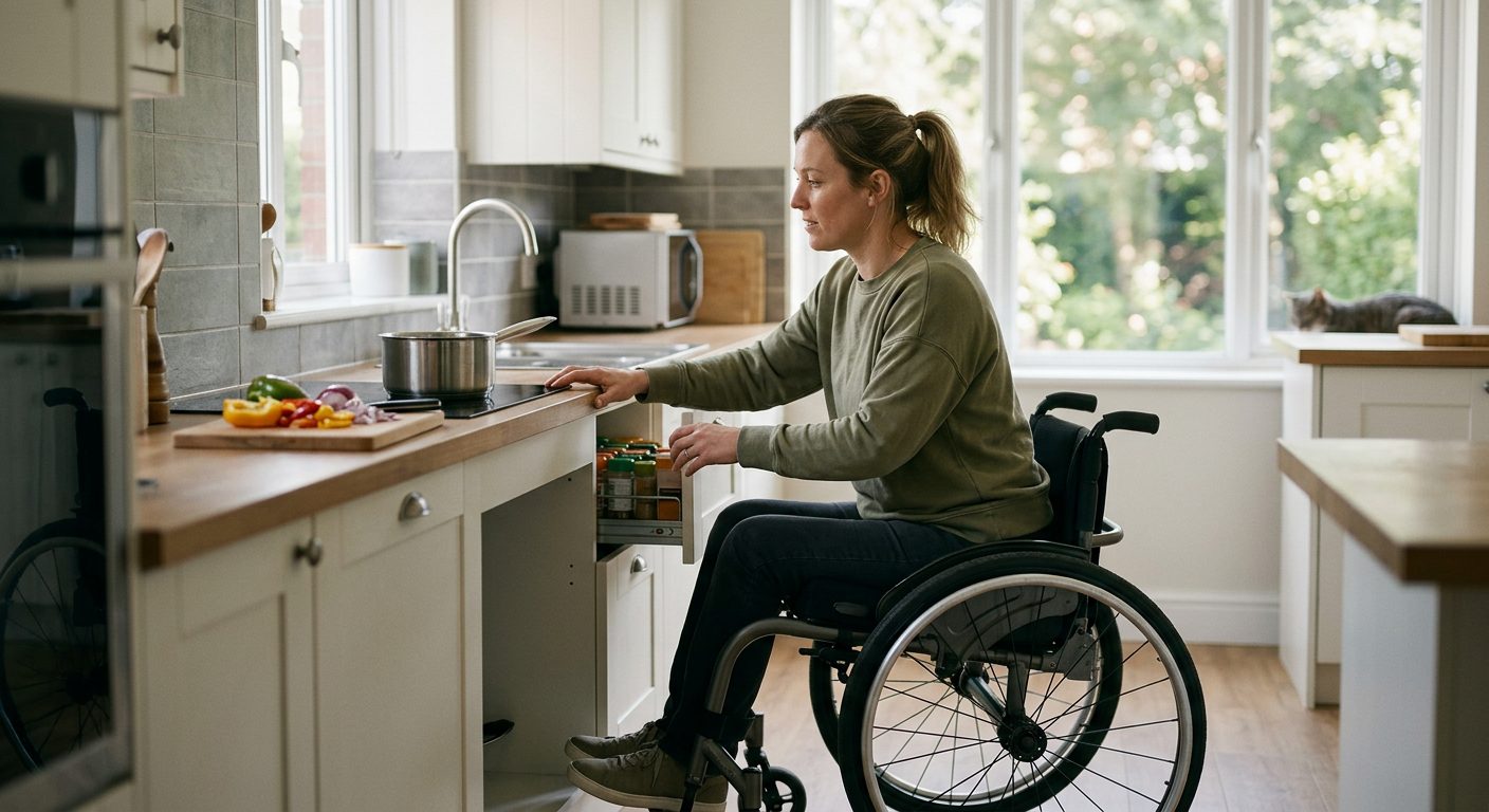 Person in wheelchair preparing a meal in an accessible kitchen.