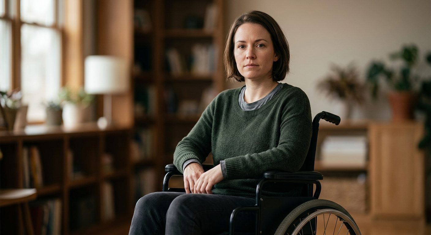 Person in wheelchair with serious expression, representing spinal injury impact.