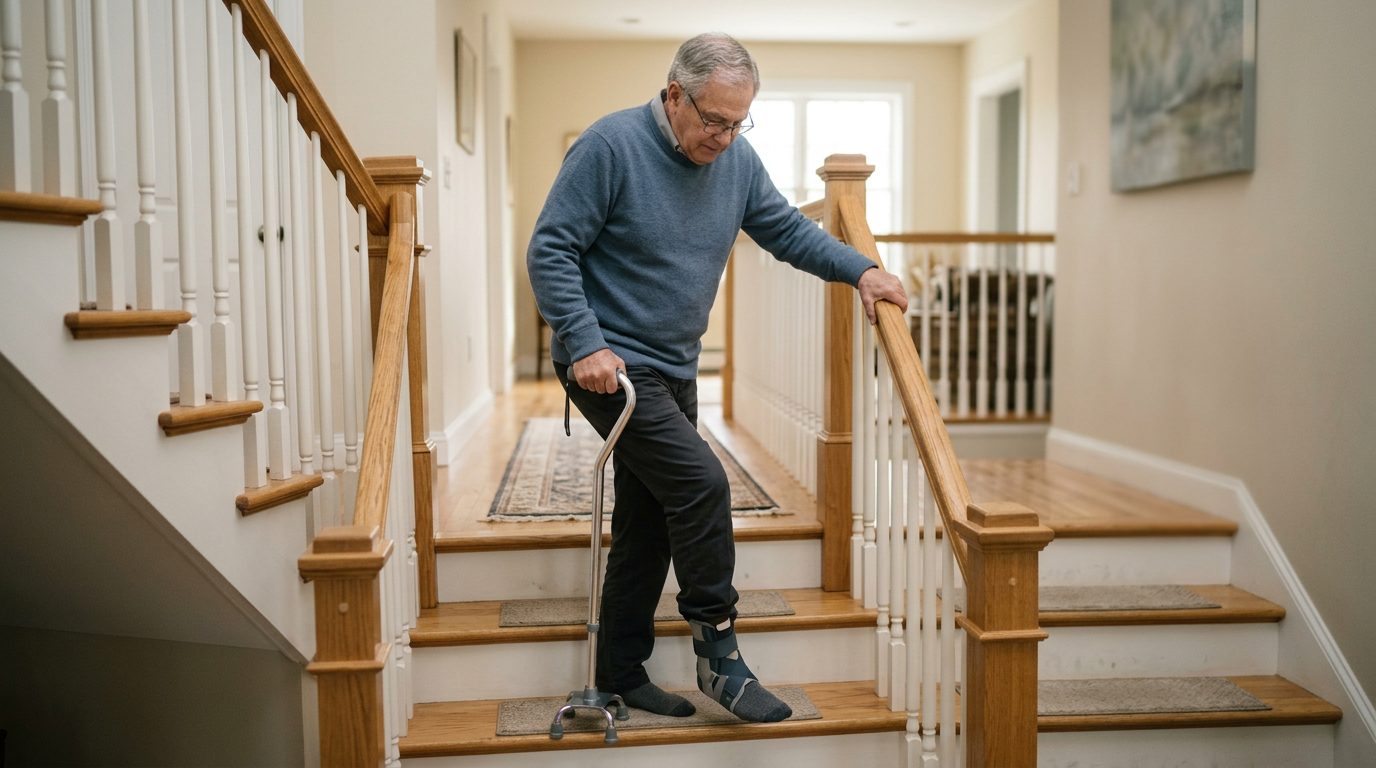 Person using a cane and handrail while navigating stairs during slip-and-fall injury recovery.