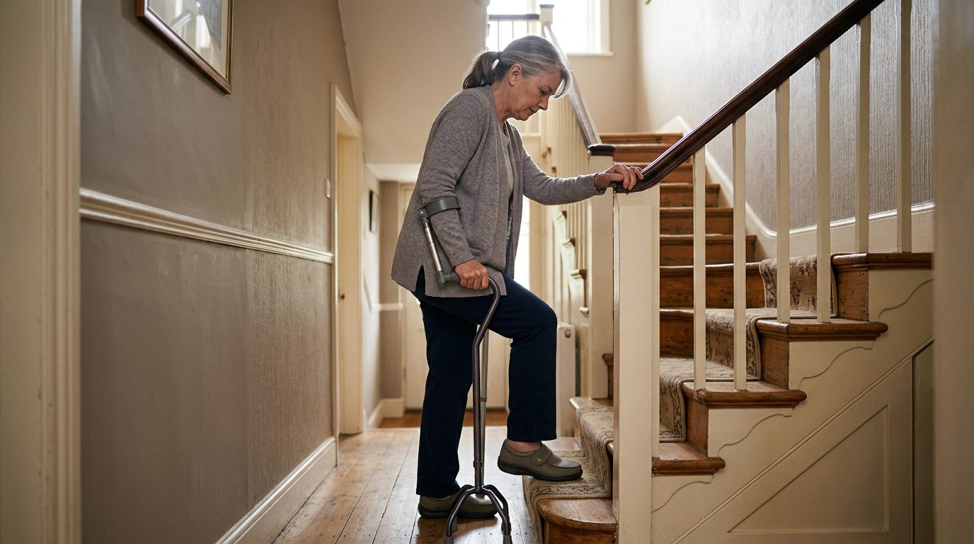 Person using a cane and handrail while navigating stairs during slip-and-fall injury recovery.