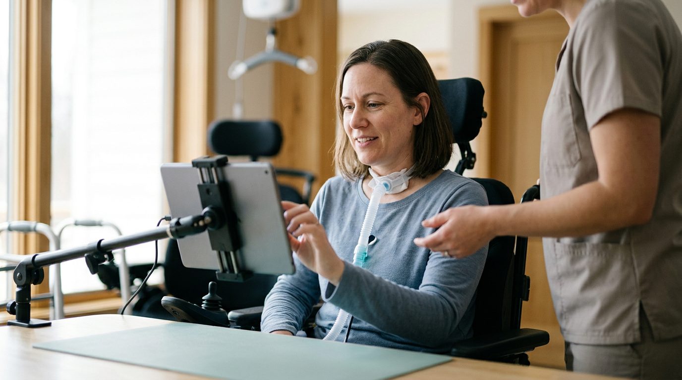 Person using communication board and mobility assistance during rehabilitation after spinal injury.