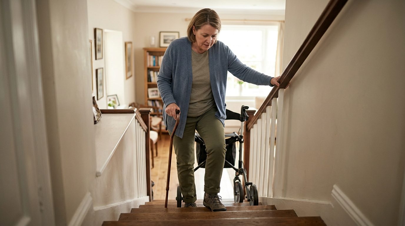 Person with cane and mobility aid using handrail on stairs during slip-and-fall injury recovery.