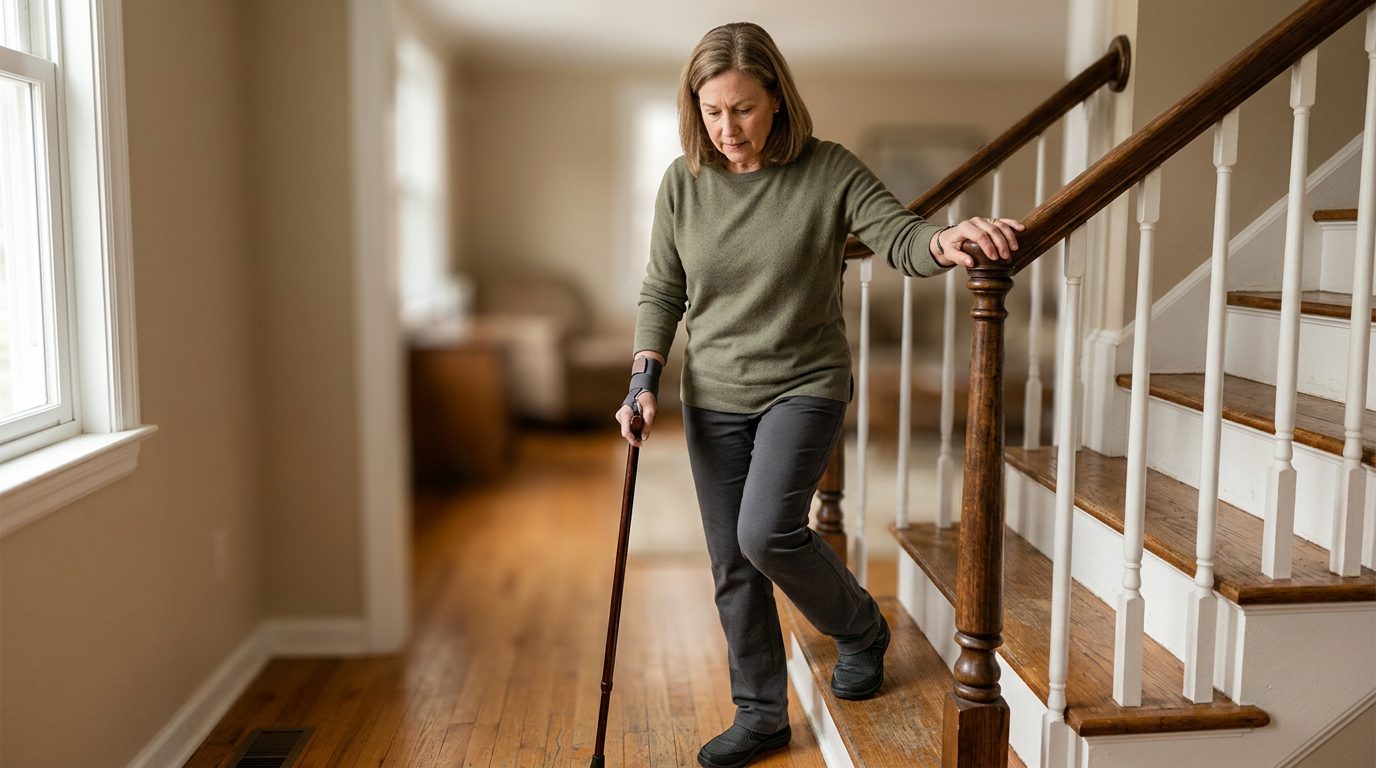 Person with cane and mobility aid using handrail on stairs during slip-and-fall injury recovery.