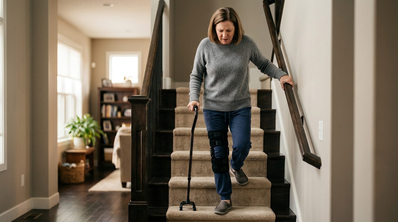 Person with cane and mobility aid using handrail on stairs during slip-and-fall injury recovery.
