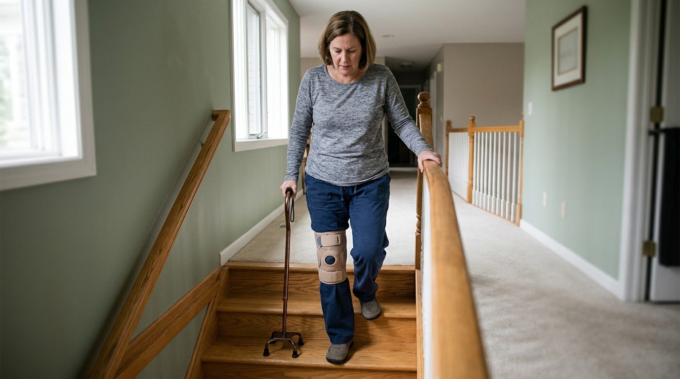 Person with cane and mobility aid using handrail on stairs during slip-and-fall injury recovery.