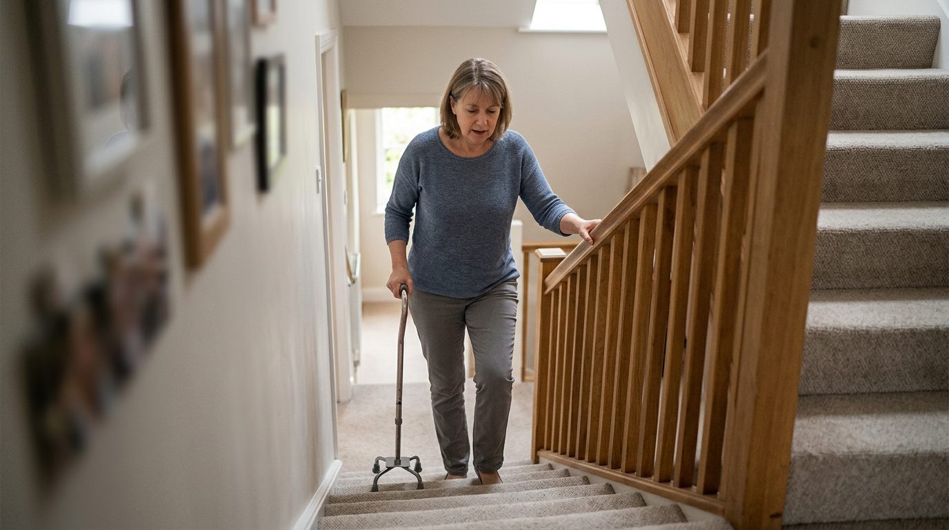 Person with cane and mobility aid using handrail on stairs during slip-and-fall injury recovery.