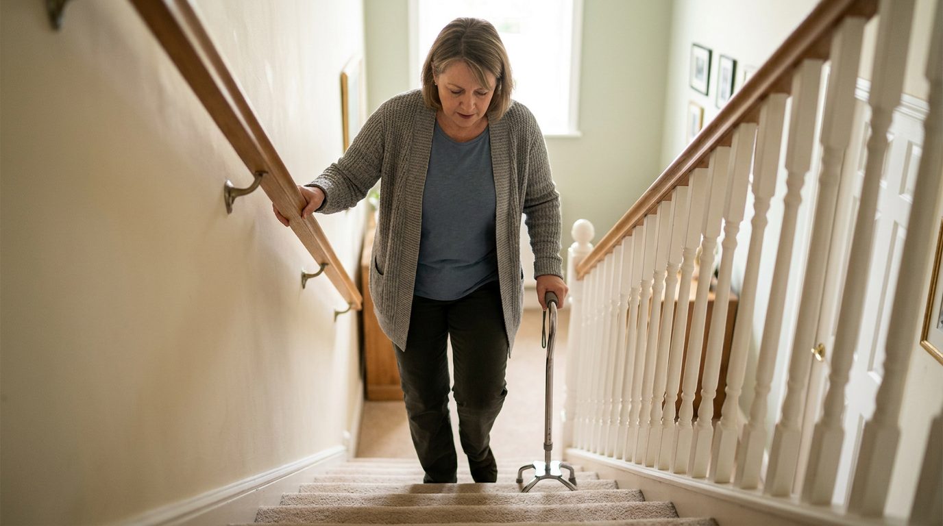 Person with cane and mobility aid using handrail on stairs during slip-and-fall injury recovery.