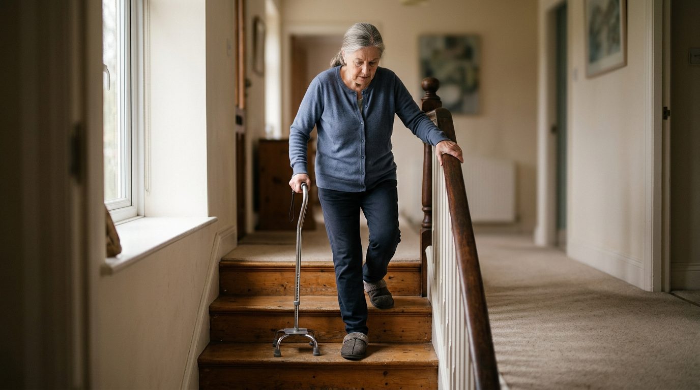 Person with cane and mobility aid using handrail on stairs during slip-and-fall injury recovery.