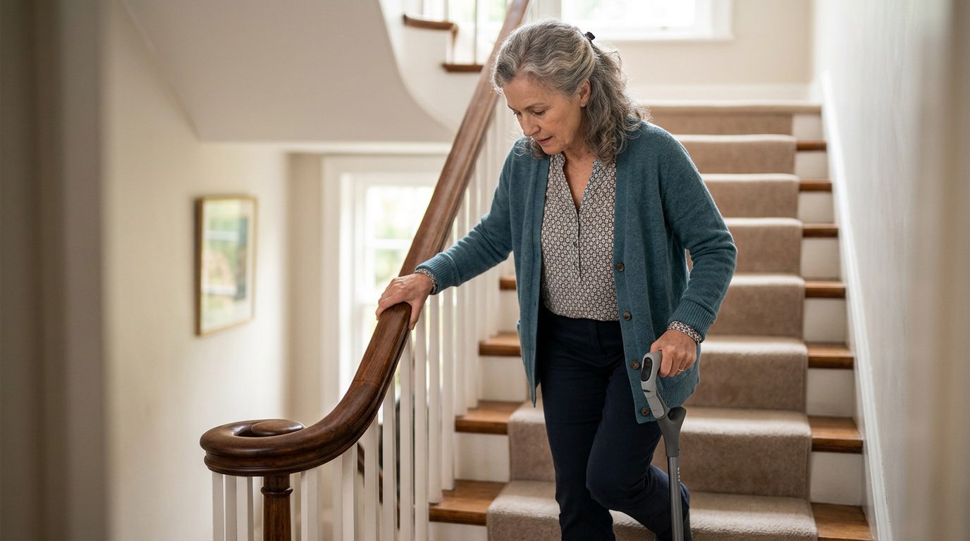 Person with cane using handrail while climbing stairs during knee injury recovery.