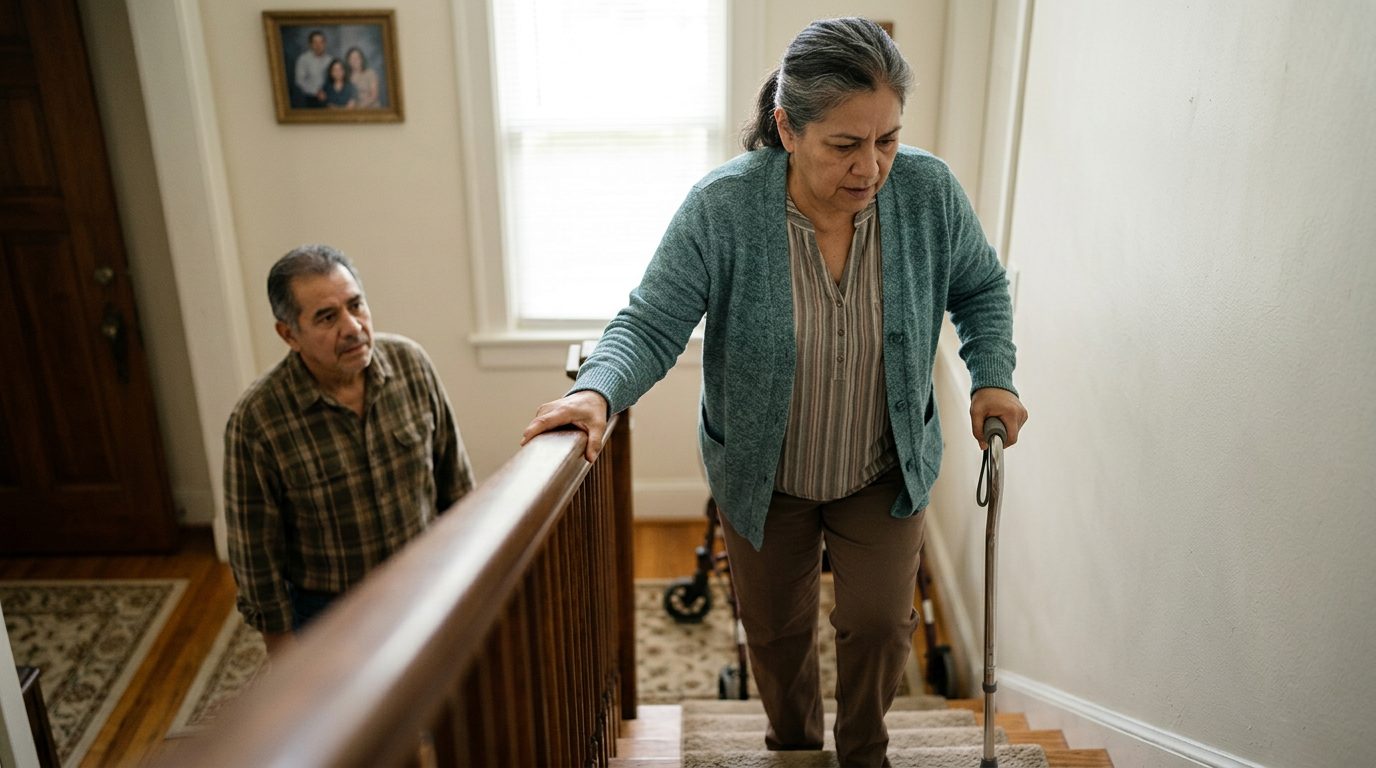 Persona con bastón navegando escaleras con pasamanos durante recuperación de caída.