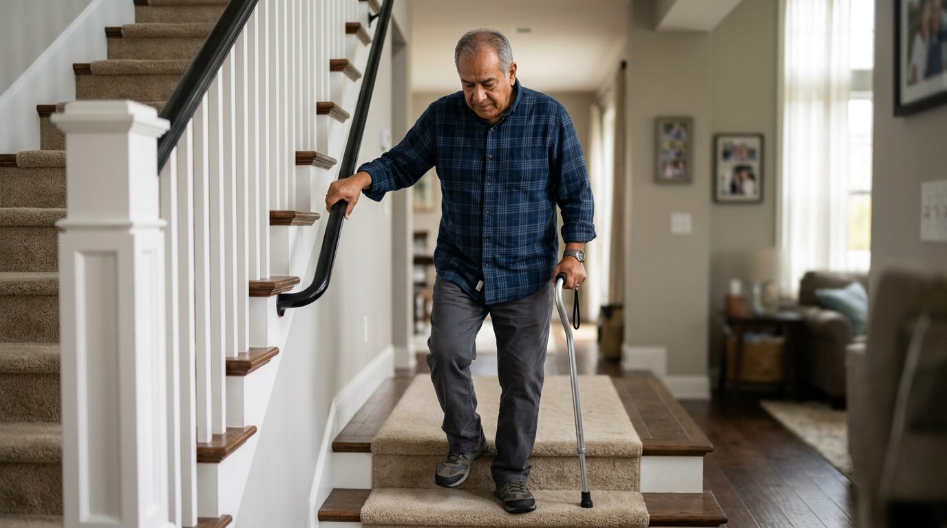 Persona con bastón navegando escaleras con pasamanos durante recuperación de caída.