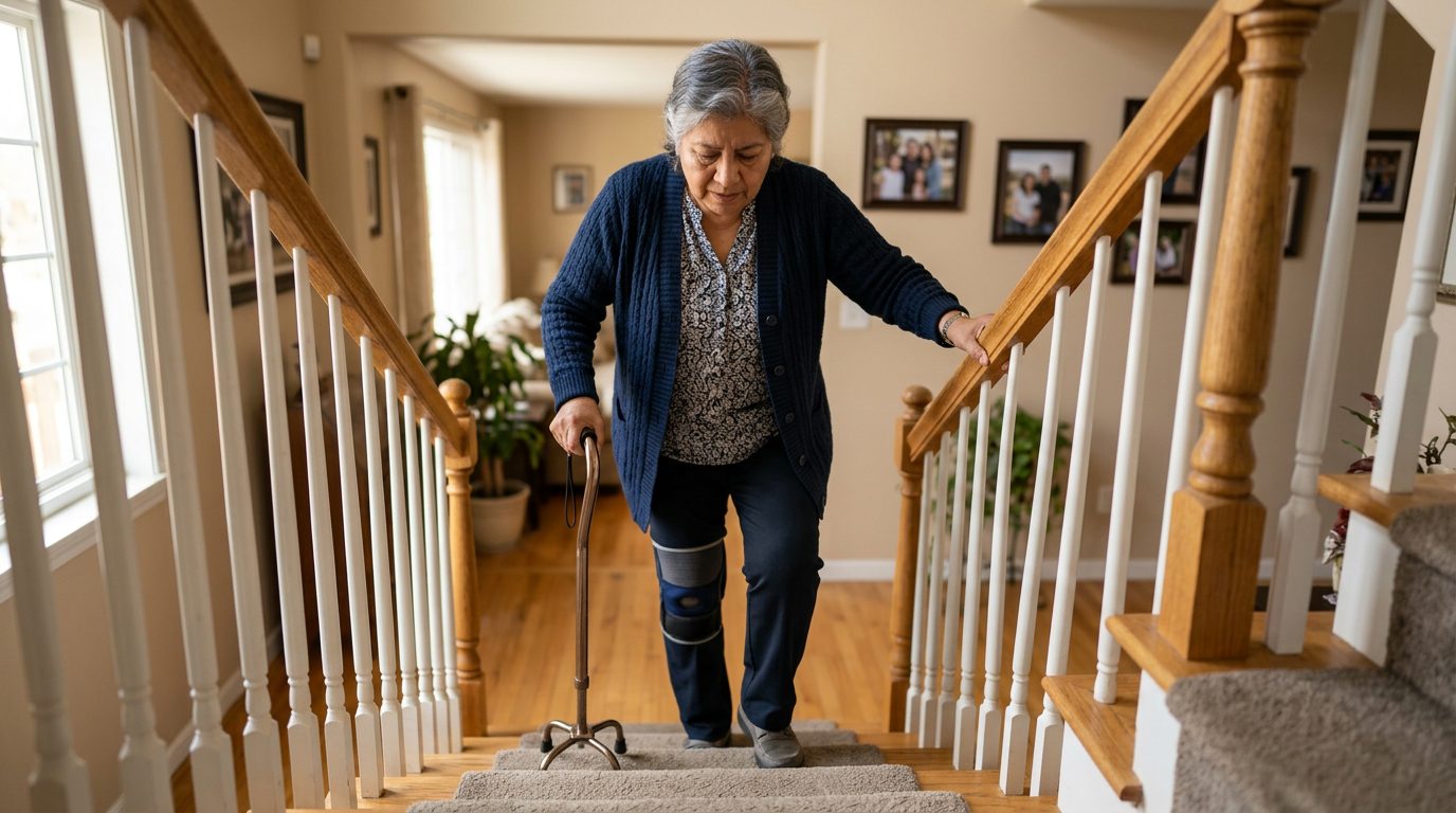 Persona con bastón y ayuda de movilidad subiendo escaleras con pasamanos en casa durante recuperación.