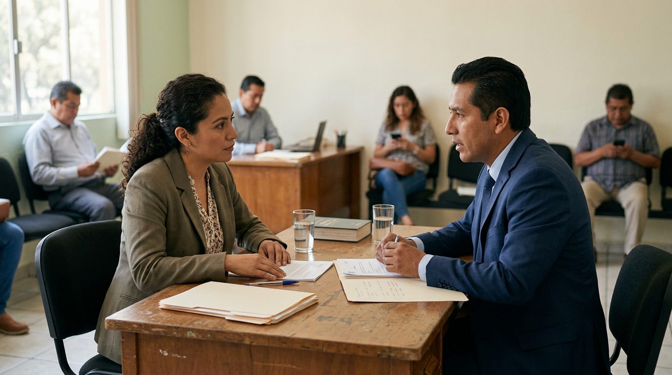 Persona consultando documentos legales sobre indemnización en una oficina profesional.