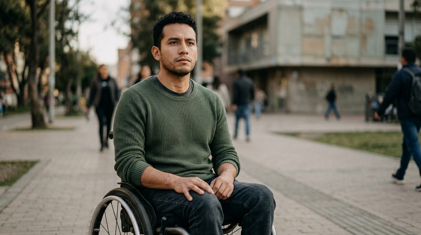 Persona en silla de ruedas con expresión de determinación tras lesión de columna vertebral.