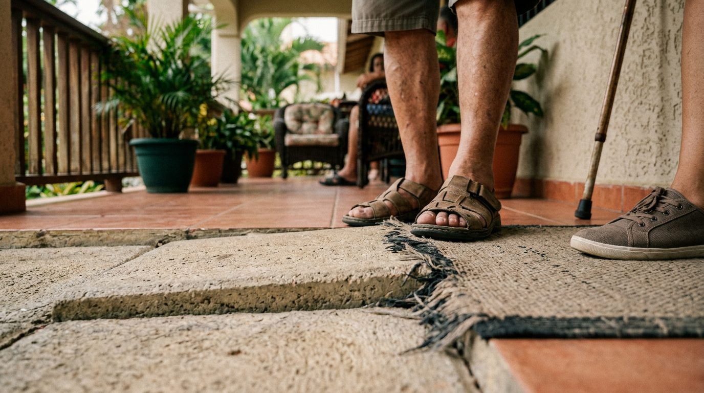 Persona mayor siendo asistida por un cuidador en el hogar después de una caída.