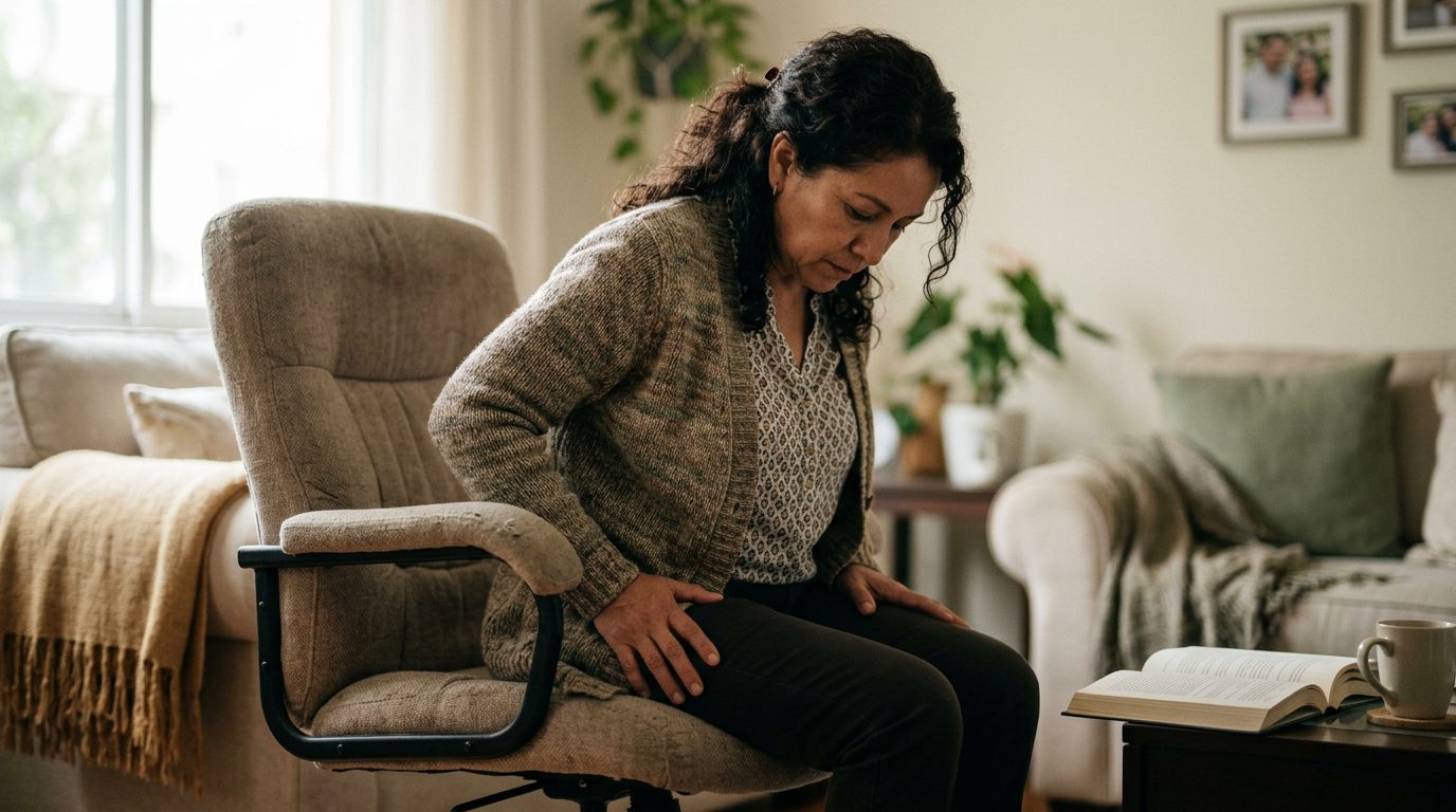 Persona sentada en silla mostrando molestia en área de glúteos y muslos.