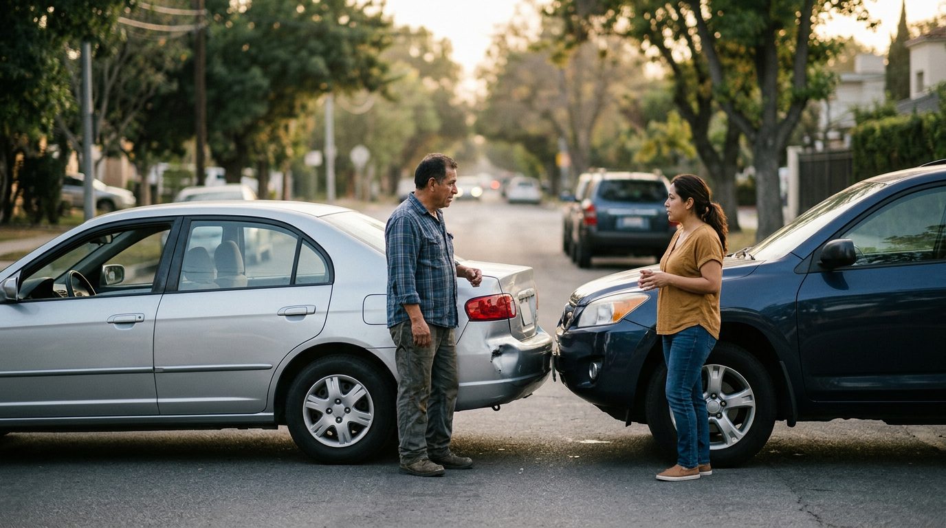 Persona tocándose el cuello con expresión de dolor en ambiente de accidente vehicular.