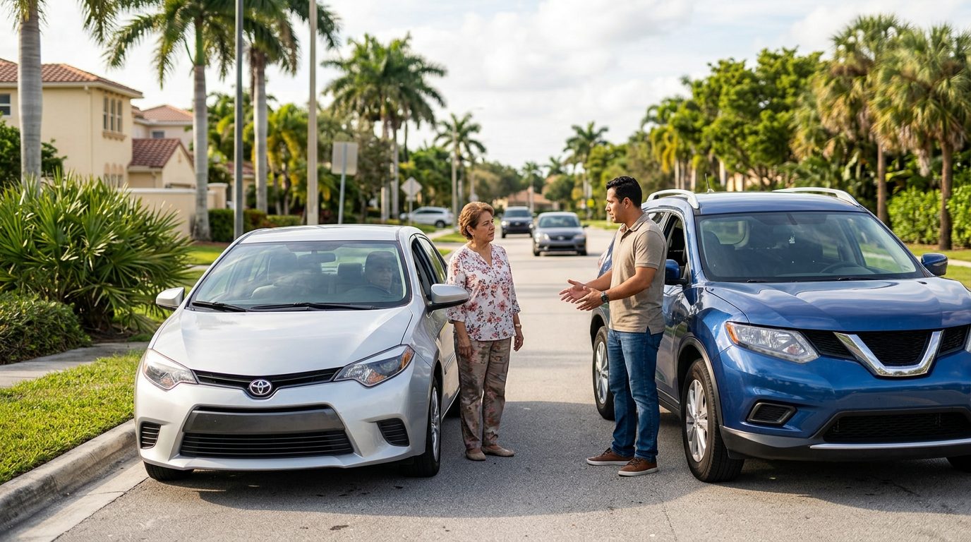 Personas en una calle de Florida después de un accidente automovilístico.