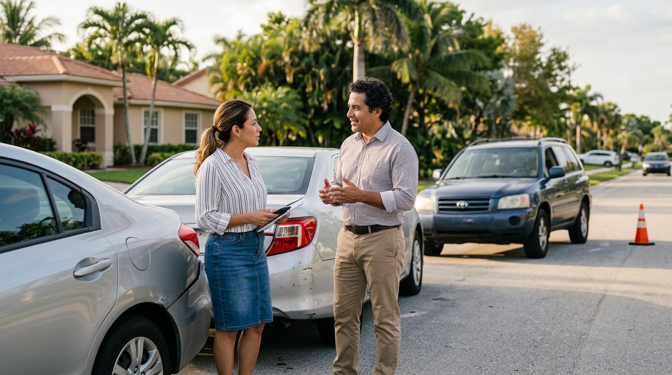 Personas revisando documentos de seguro junto a un automóvil en Florida.
