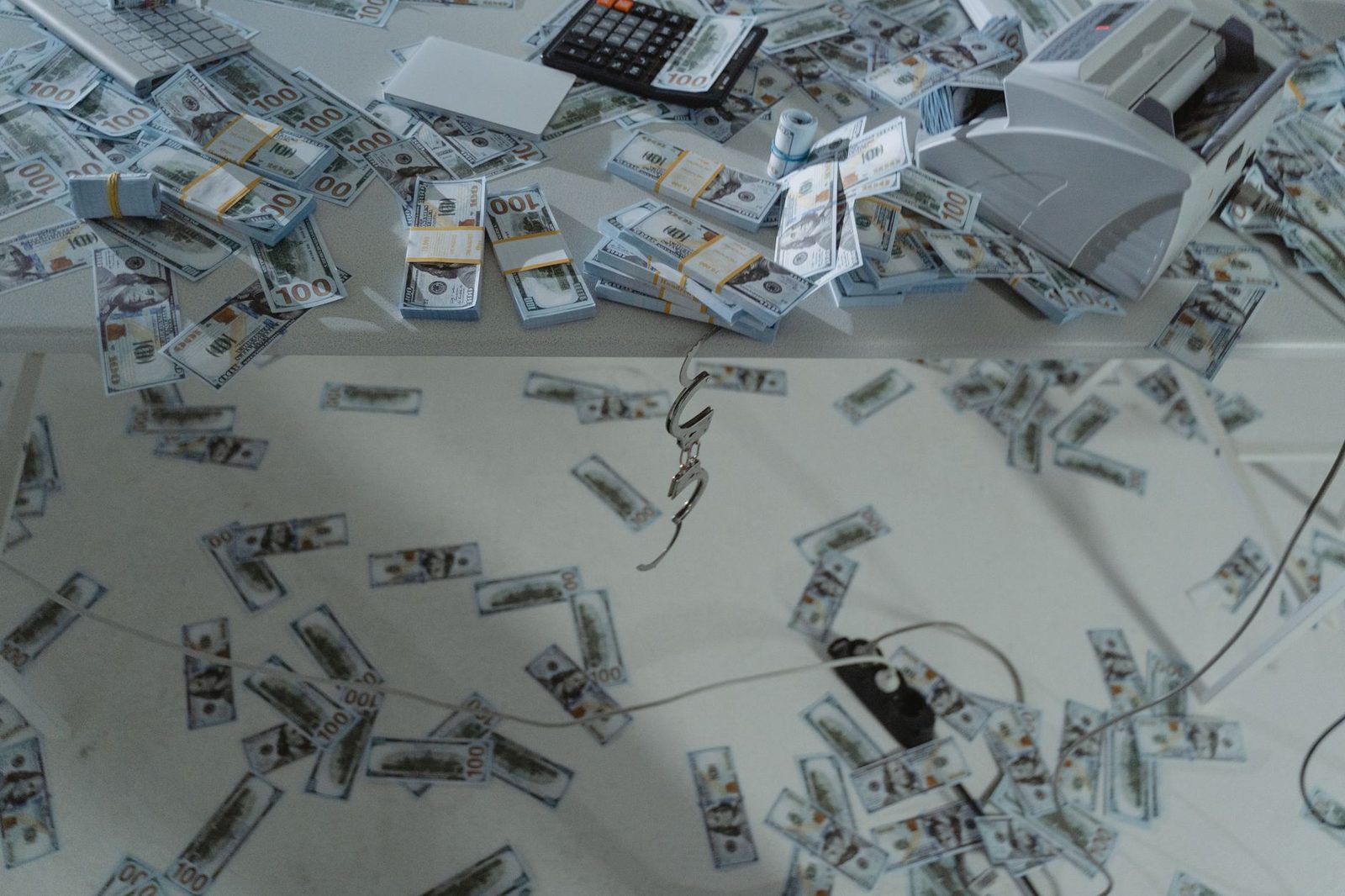 Pilas de billetes de dólar estadounidenses dispersos en un escritorio con contador de dinero y calculadora.