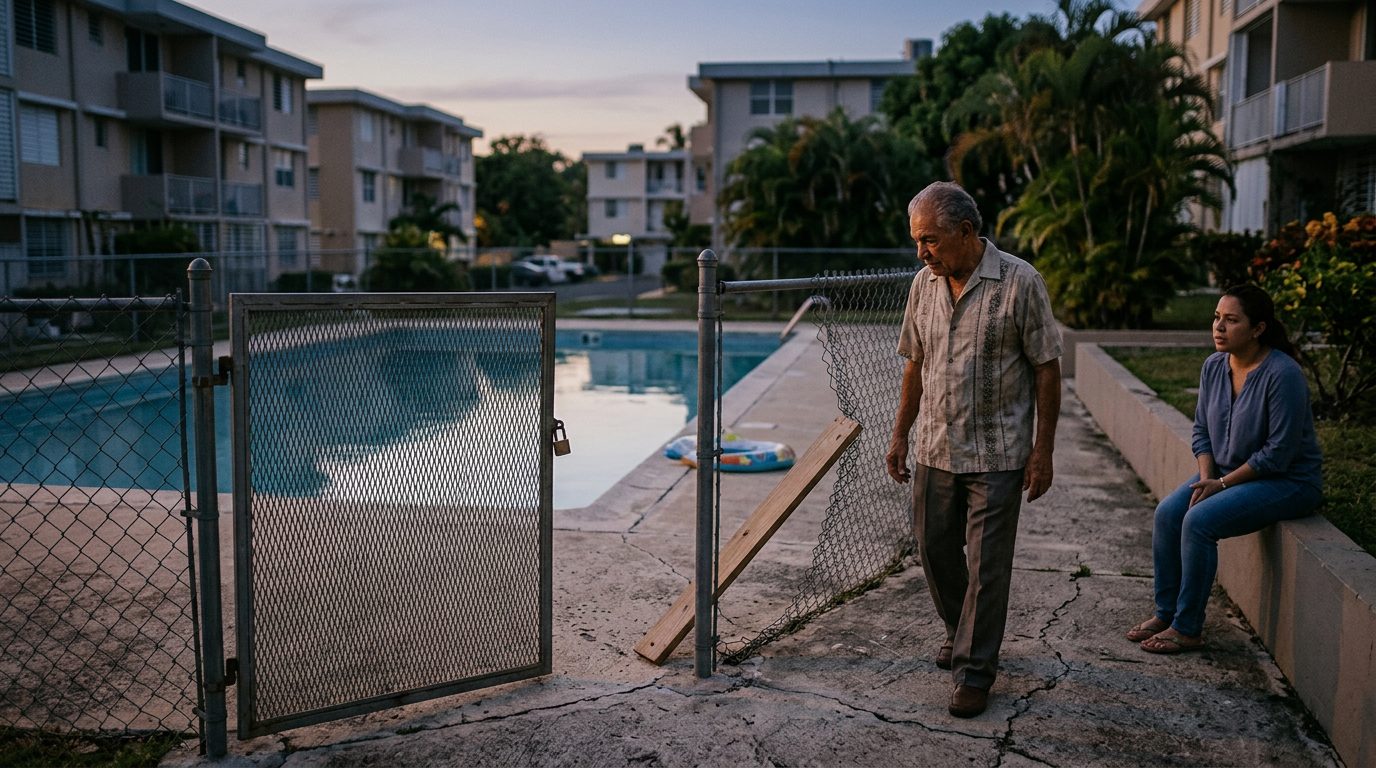 Piscina vacía de hotel con puerta de seguridad abierta y cerca faltante al atardecer.