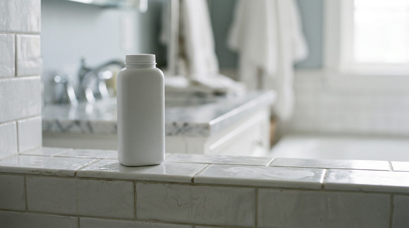 Plain, unbranded container of talcum powder on a bathroom shelf.