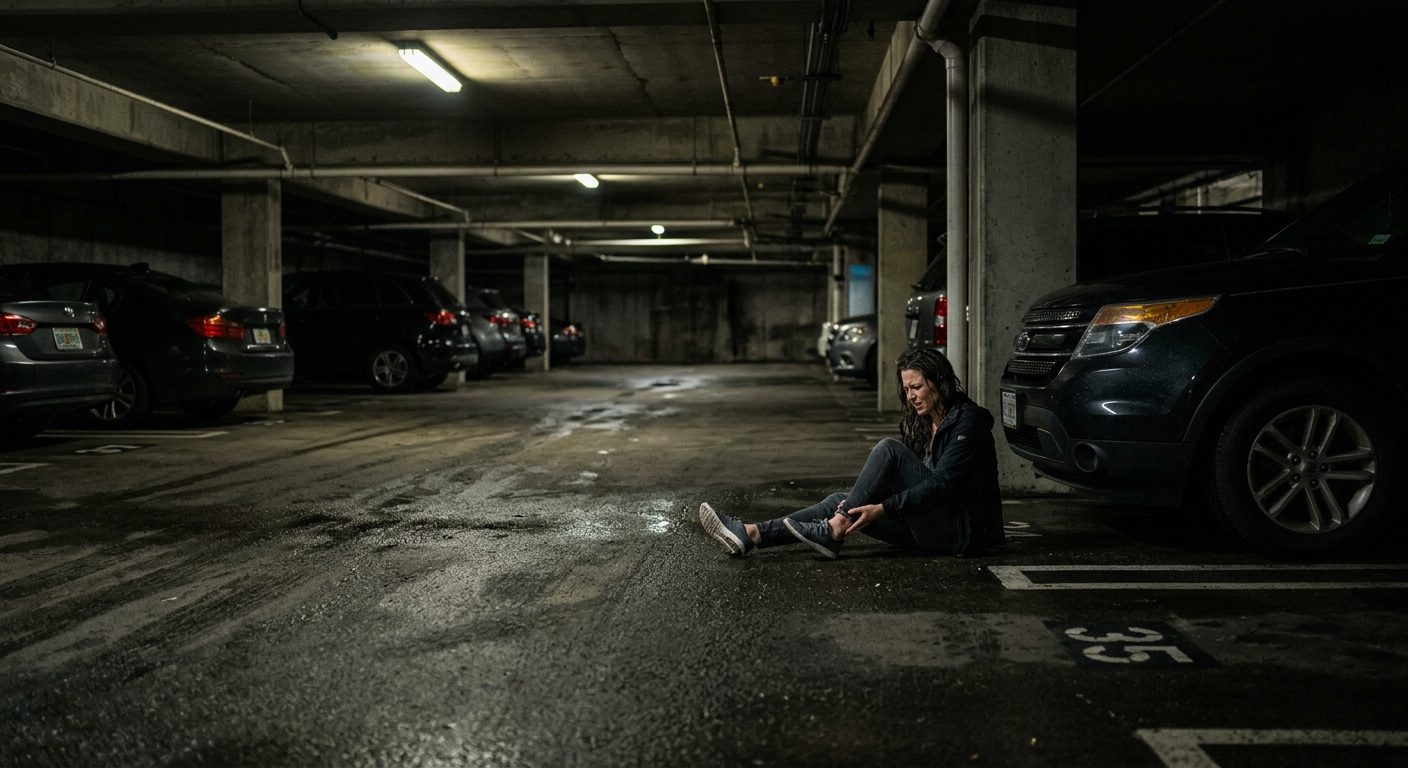 Poorly lit parking garage at night with inadequate lighting and shadows.