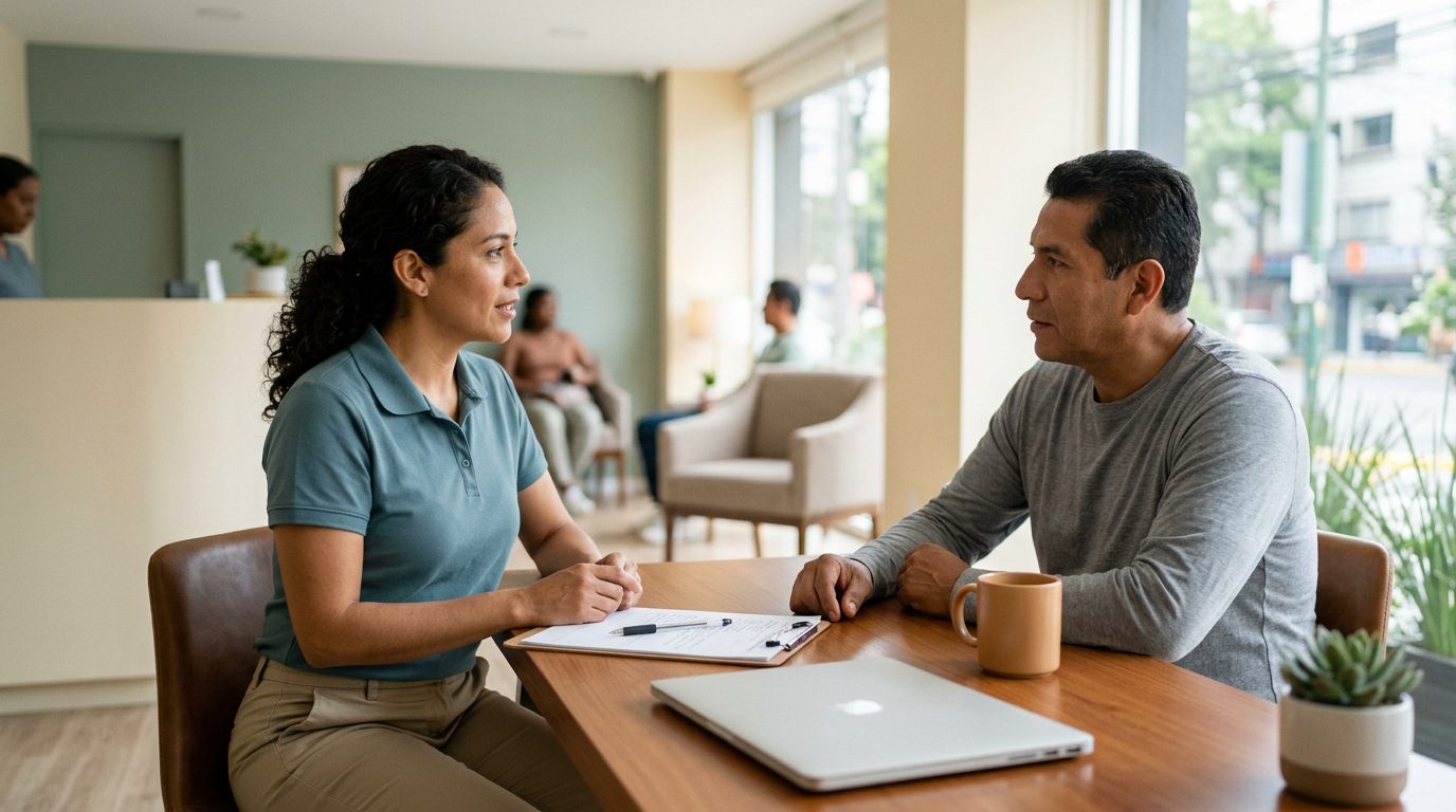 Profesional de fisioterapia trabajando con paciente en consultorio clínico.