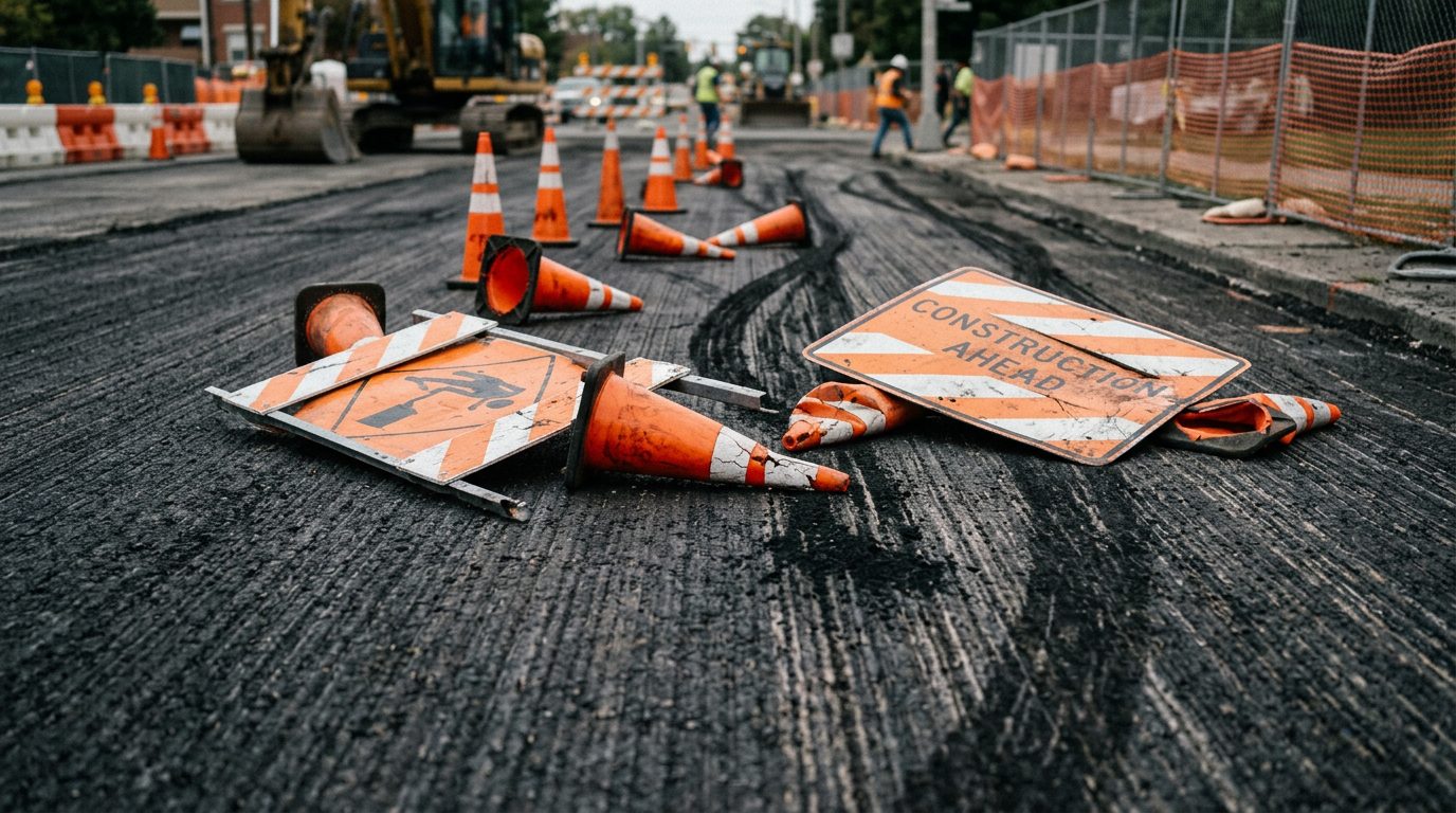 Scattered traffic cones and skid marks on road after construction zone collision.